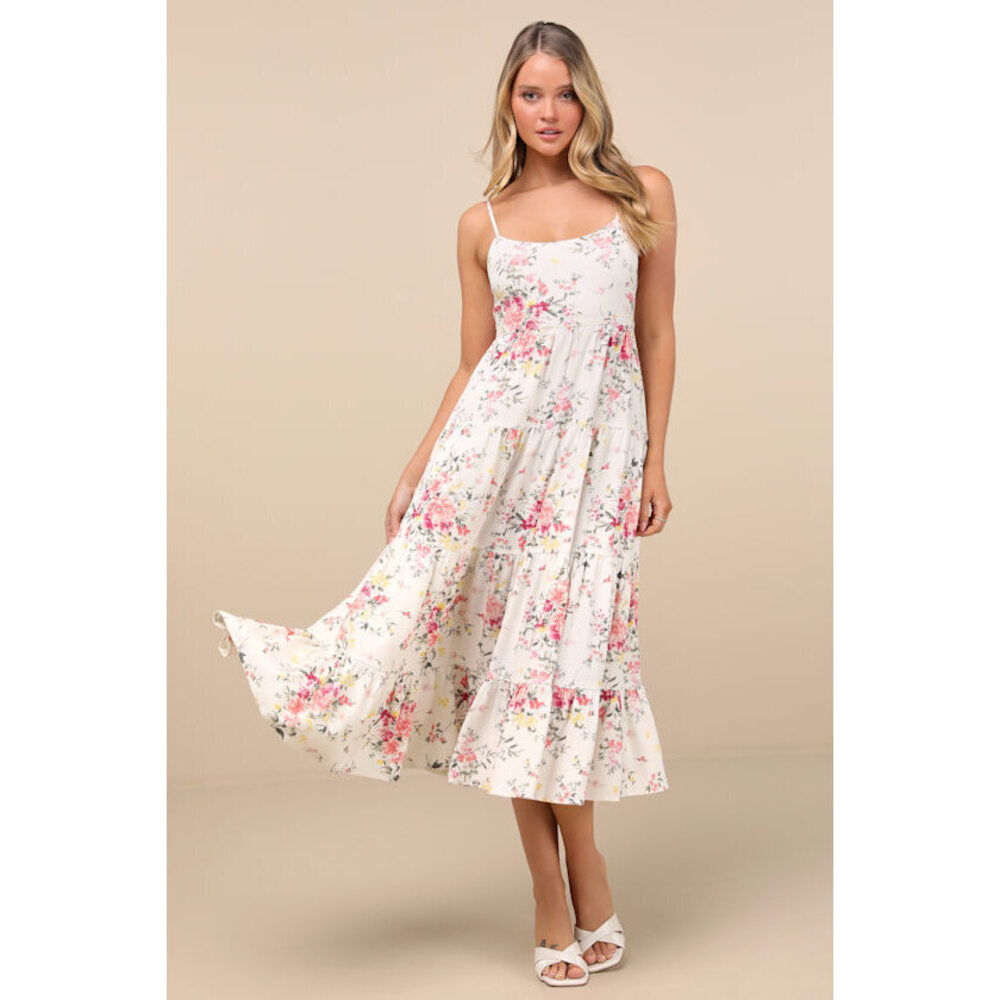 Lulus Mykonos Mood Pink And Ivory Floral Tie-strap Tiered Midi Dress White